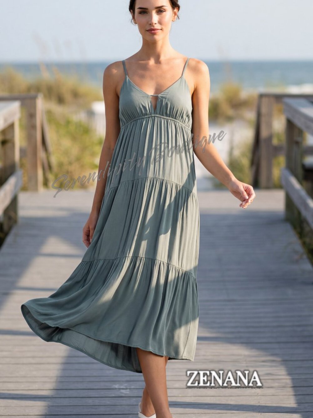 Zenana Free Flowing Ash Jade Sweetheart Tiered Ruffle Spaghetti Strap Sundress.